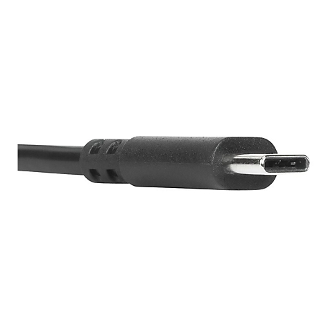 Nahaufnahme eines schwarzen USB-C-Kabels. Der Stecker zeigt eine silberne KontaktflÃ¤che.