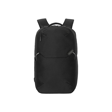 Sac à dos noir avec deux bretelles, des fermetures éclair et le logo Targus. Sur fond blanc.