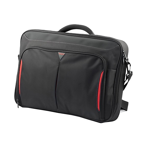 Sacoche pour ordinateur portable noir avec bordure rouge et poignée. Nom de la marque Targus visible.