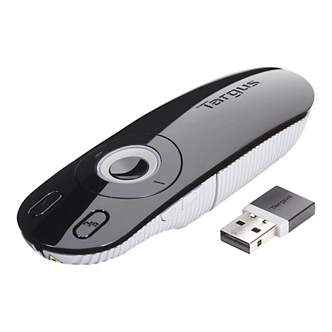 Schwarzer Targus Präsentations-Pointer mit weißem USB-Empfänger auf weißem Hintergrund.