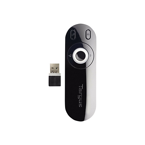 Schwarzer Targus Präsentations-Pointer mit USB-Empfänger auf weißem Hintergrund.