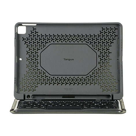 Dunkelgraue Targus Tablet-Schutzhülle mit integrierter Tastatur vor weißem Hintergrund.