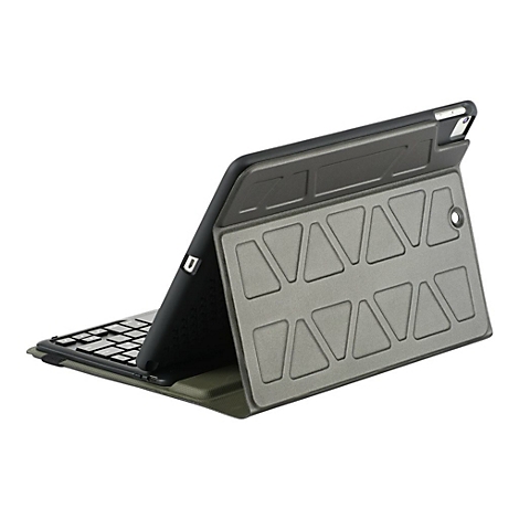 Tablet in olivgrüner Schutzhülle mit integrierter Tastatur, von hinten in Standposition dargestellt.
