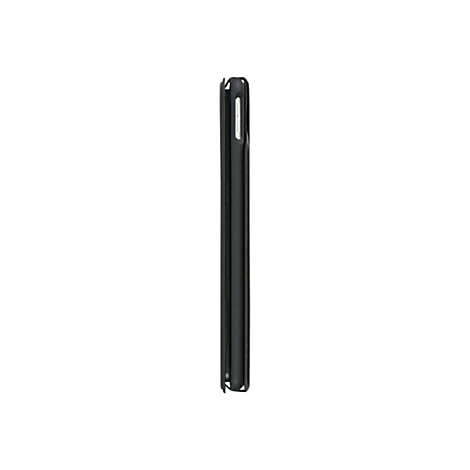 Seitliche Ansicht einer schwarzen Schutzhülle für ein Smartphone auf weißem Hintergrund.