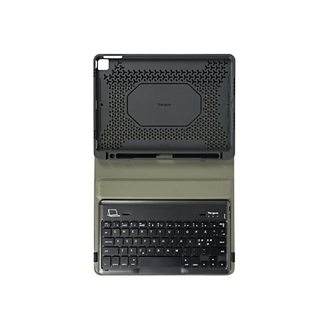 Targus Tastatur-Case in Olivgrün mit schwarzer Tablet-Halterung, flache QWERTY-Tastatur, Draufsicht.