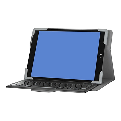 Tablet in grauer Schutzhülle mit integrierter schwarzer Tastatur auf weißem Hintergrund.