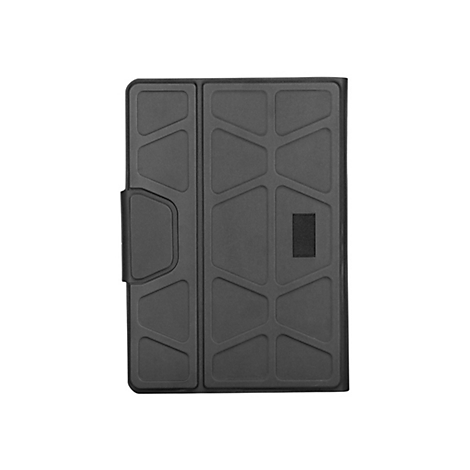 Schwarze, faltbare Tablet-Schutzhülle in geschlossener Ansicht auf weißem Hintergrund.