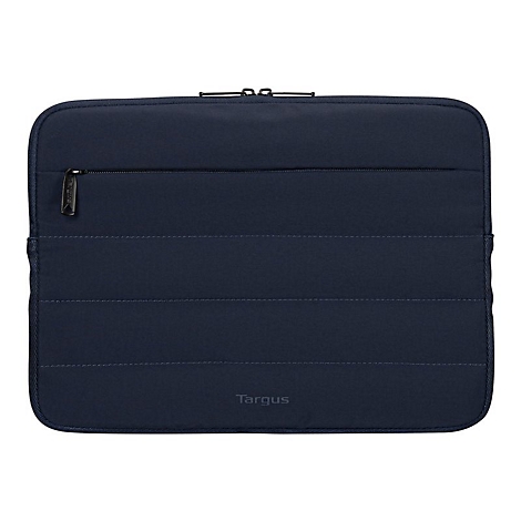 Dunkelblaue Laptop-Tasche mit Reißverschluss, gepolstert und mit 'Targus' Logo.