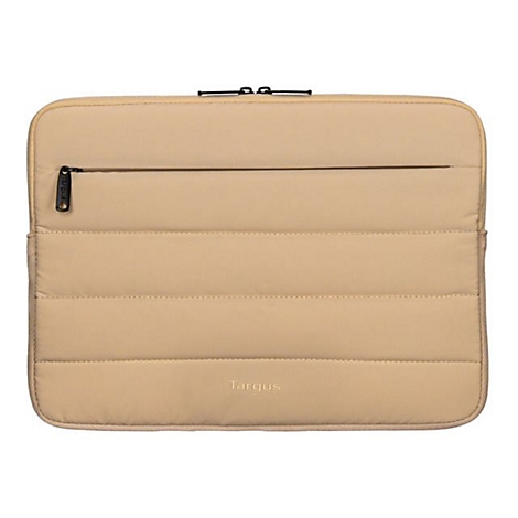Beige Laptoptasche mit Reißverschluss, gepolstert, mit dem Targus Logo.