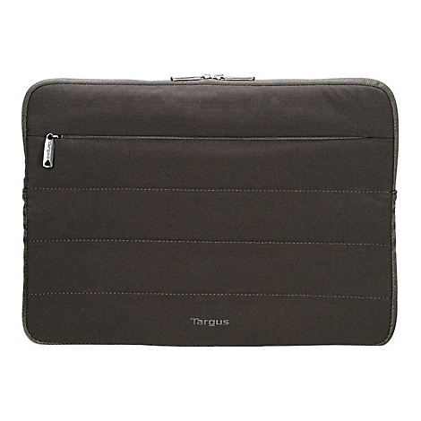 Dunkelgraue Laptoptasche mit Reißverschluss und dem Logo "Targus".