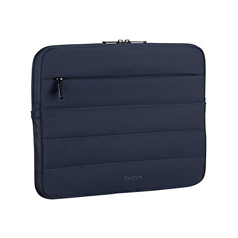 Dunkelblaue Laptoptasche mit gepolsterten Querstreifen und Reißverschluss. Das Logo 'Targus' ist unten rechts zu sehen.
