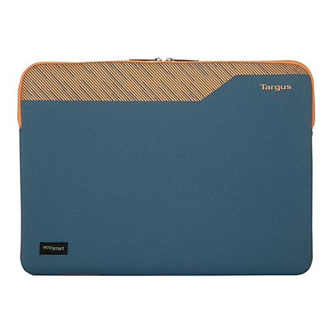 Housse d'ordinateur portable bleue avec design orange. Logos "Targus" et "eco/smart" visibles.