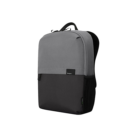 Grauer und schwarzer Laptop-Rucksack. Der Rucksack hat zwei Fächer, ein kleines Logo und einen Tragegriff.