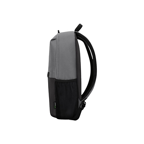 Grauer und schwarzer Rucksack im Profil vor weißem Hintergrund. Der Rucksack hat ein Netzfach und den Schriftzug 'eco smart'.