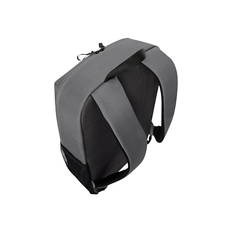 Grauer Rucksack in schräger Ansicht. Detailansicht der Träger und Reißverschluss.