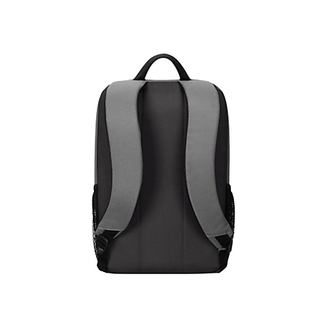 Ein schwarzer Rucksack, Rückansicht. Graue Träger, Griff oben, Netztaschen an den Seiten.