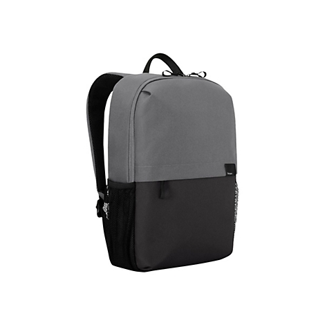 Grauer und schwarzer Rucksack, Ansicht von der Seite, schwarzer Griff oben.