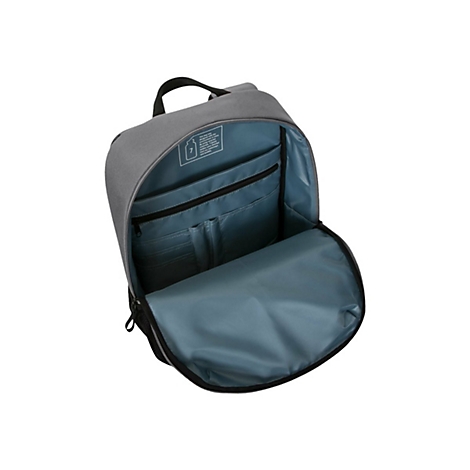 Grauer Rucksack, Blick ins Innere: Hauptfach, FÃ¤cher, Henkel, schwarze ReiÃŸverschlÃ¼sse, Innenfutter blau.