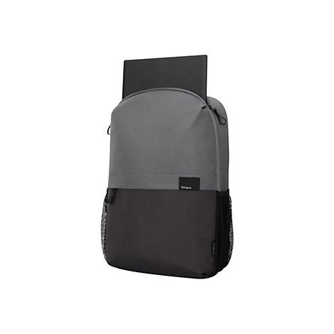 Grauer und schwarzer Rucksack mit einem schwarzen Laptop, der aus der oberen Ã–ffnung herausragt.