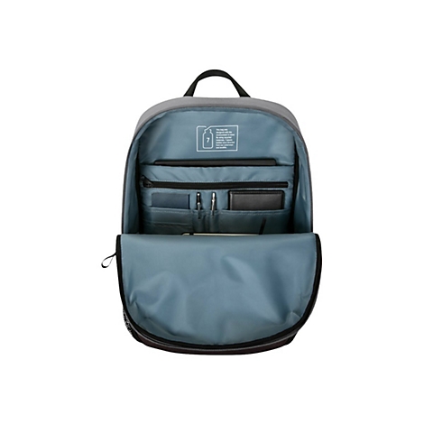 Grauer Rucksack, Innenseite offen. Blaue Innentaschen mit Stiften, Portemonnaie. Obere Tasche mit Laptop, Flaschen-Piktogramm.