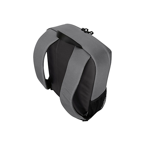 Grauer Rucksack von hinten gesehen. Die Schultergurte sind zu sehen, im Hintergrund ist der obere Teil des Rucksacks erkennbar.