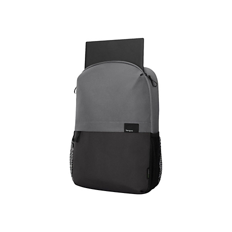 Grau-schwarzer Rucksack mit Laptop, Targus Logo. Auf weiÃŸem Hintergrund.