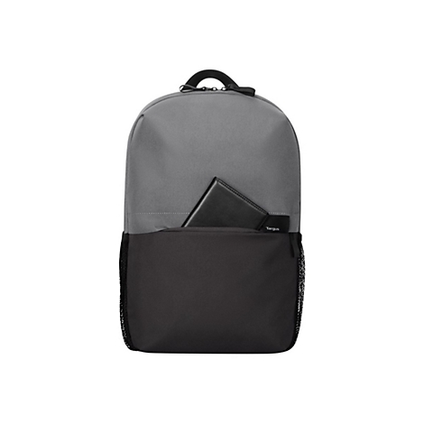Grau-schwarzer Rucksack mit Tablet-Tasche, ReiÃŸverschluss und schwarzem Griff.
