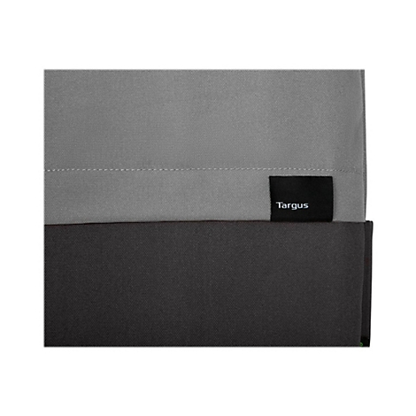 Nahaufnahme eines grau-schwarzen Rucksacks. Das Label „Targus“ ist zu sehen.