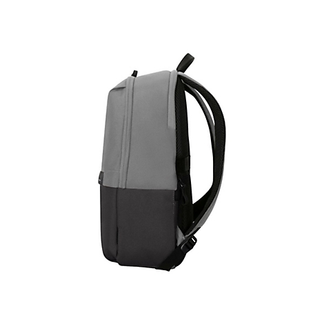 Grauer und schwarzer Rucksack im Profil vor weißem Hintergrund. Der obere Teil ist grau, der untere Teil ist schwarz.