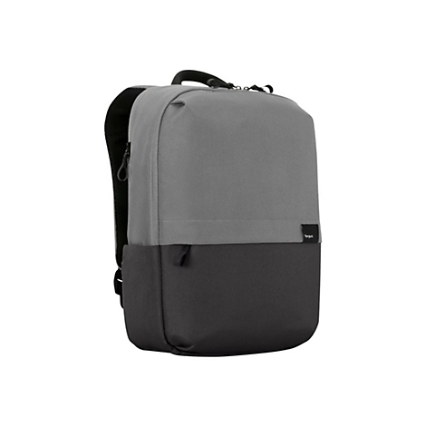 Grauer und schwarzer Rucksack, Marke Targus. Auf weißem Hintergrund.