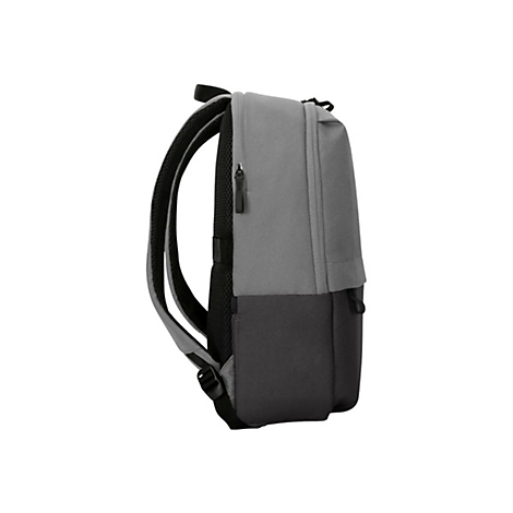 Grauer Rucksack in Seitenansicht, schwarze Träger und Reißverschlüsse.