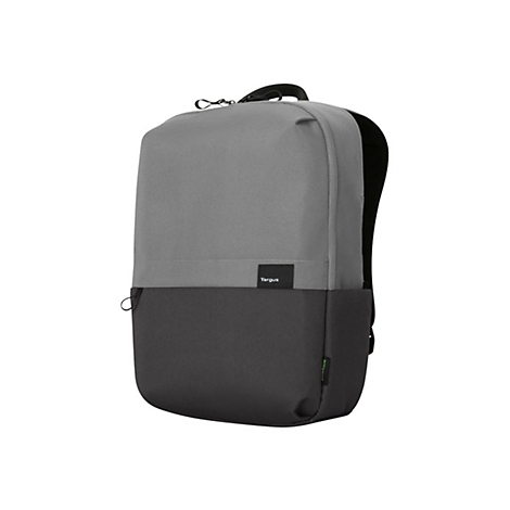 Ein grauer und dunkelgrauer Rucksack steht vor weißem Hintergrund. Der Rucksack hat das Logo "Targus" und schwarze Träger.