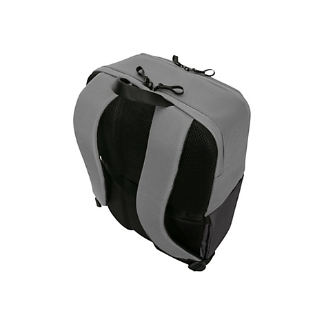 Grauer Rucksack von oben. Schwarze Gurte, Reißverschlüsse und ein luftdurchlässiger Rücken.