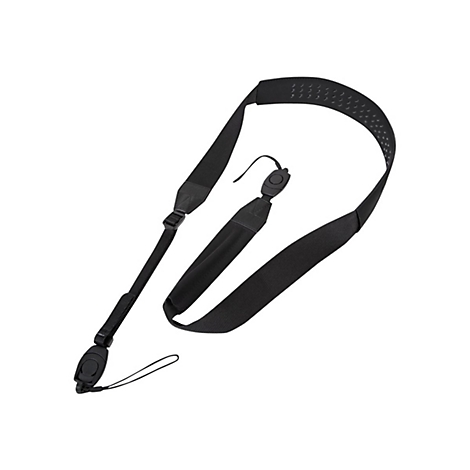 Schwarzer Kameragurt auf weißem Hintergrund. Der Gurt ist aus Stoff mit rutschfester Oberfläche.