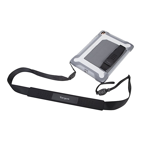 Ein graues Tablet-Case mit schwarzem Schultergurt. Auf dem Gurt und dem Case ist der Schriftzug 'Targus' zu sehen.