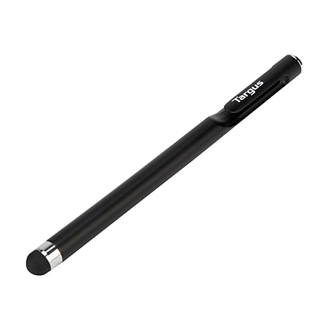 Schwarzer Stylus von Targus. Der Stift liegt diagonal vor weißem Hintergrund.