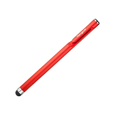Roter Targus Eingabestift mit schwarzer Spitze und silbernem Clip vor weißem Hintergrund.