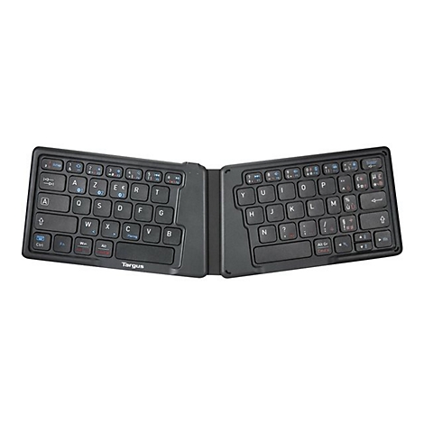 Schwarze, faltbare Tastatur. Die Tastatur ist geÃ¶ffnet und zeigt die Tasten, mit Beschriftungen wie Buchstaben, Zahlen und Symbolen.
