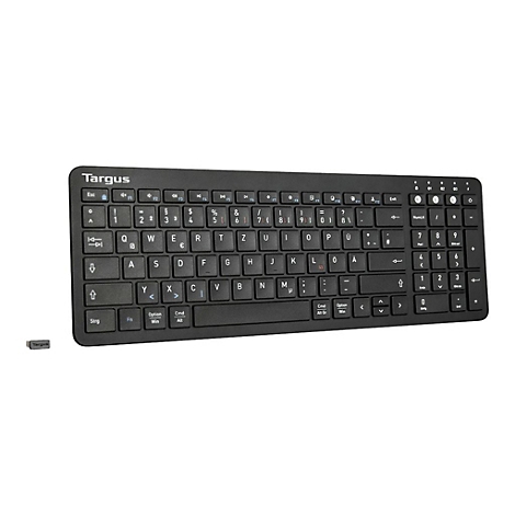 Schwarze Tastatur mit weißen Buchstaben, dem Logo "Targus" und einer abgetrennten Taste.
