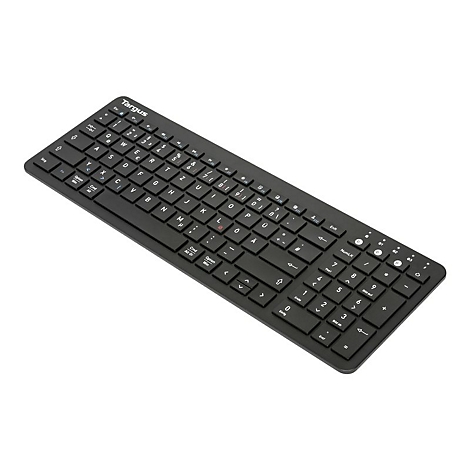 Schwarze Targus-Tastatur mit weißen Tasten vor weißem Hintergrund. Buchstaben, Ziffern und Sonderzeichen sind deutlich zu erkennen.