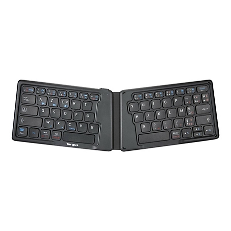 Ein schwarzes, zusammenklappbares Bluetooth-Tastatur, von oben betrachtet und auf weißem Hintergrund freigestellt.