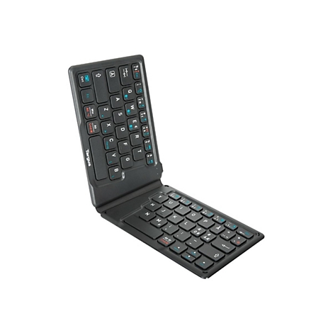 Schwarze, zusammenklappbare Bluetooth-Tastatur, Targus-Logo. Tastenbeschriftungen in Türkis und Weiß.
