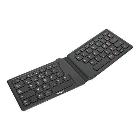 Schwarze, zusammenklappbare Tastatur mit Tastenbeschriftungen. Das Targus-Logo ist deutlich sichtbar.