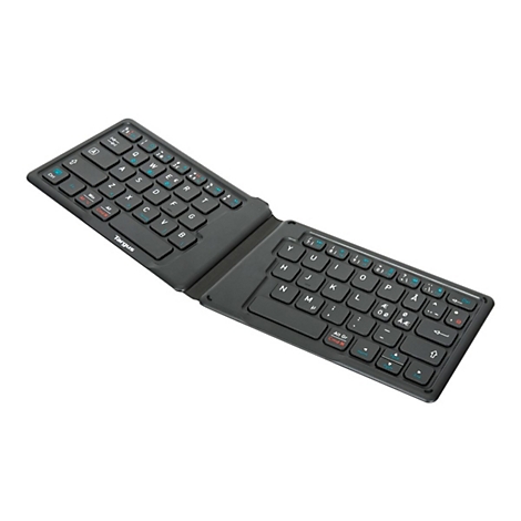 Schwarze, zusammenklappbare Bluetooth-Tastatur, ausgeklappt auf weißem Hintergrund. Mit Buchstaben und Funktionssymbolen.