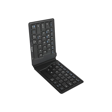 Schwarze, zusammenklappbare Bluetooth-Tastatur, leicht angewinkelt, mit klar beschrifteten Tasten. Marke: Targus.