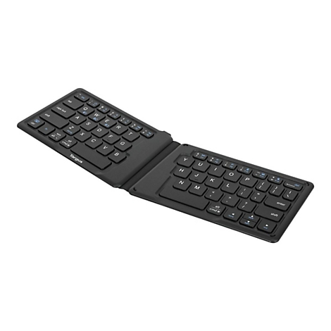 Schwarze, zusammenklappbare Bluetooth-Tastatur, ausgeklappt auf weißem Hintergrund. Mit QWERTZ-Layout und Targus-Logo.