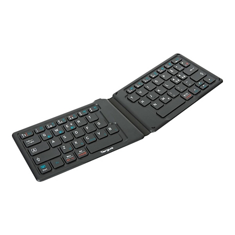 Schwarze, faltbare Bluetooth-Tastatur, offen. Tasten mit Buchstaben, Zahlen und Sonderzeichen. Marke Targus.