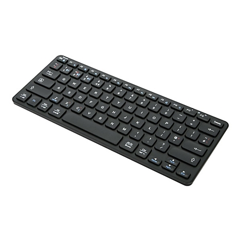 Schwarze, flache Tastatur mit weißen und blauen Buchstaben und Symbolen. Auf weißem Hintergrund isoliert.