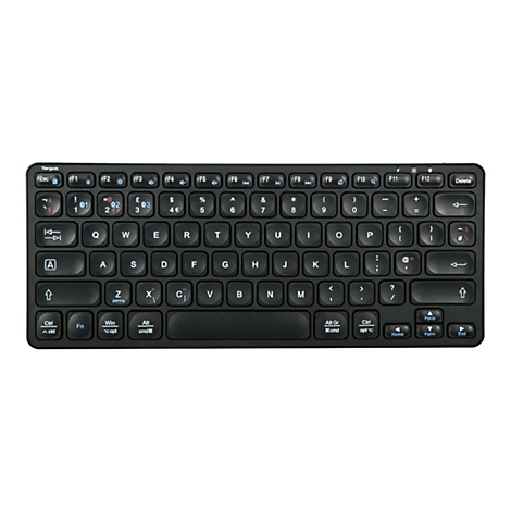 Schwarze, kompakte Tastatur mit weißen Buchstaben und Symbolen. Oben: F-Tasten, darunter Buchstaben, Zahlen, Sonderzeichen, Funktionstasten.