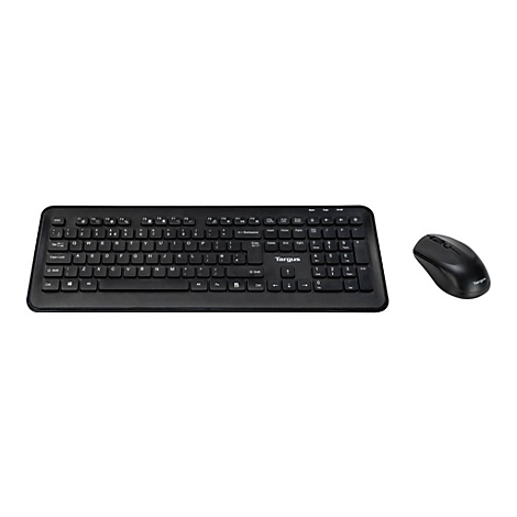 Schwarzes kabelloses Tastatur- und Maus-Set. Die Tastatur ist rechteckig, die Maus oval.